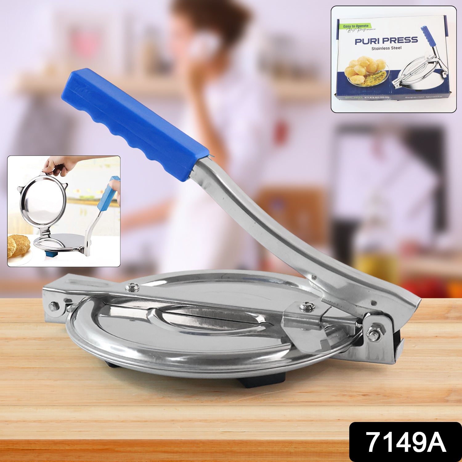 Wukusy stainless steel Puri Press Maker with handle, manual roti and chapati presser for home use, medium size.