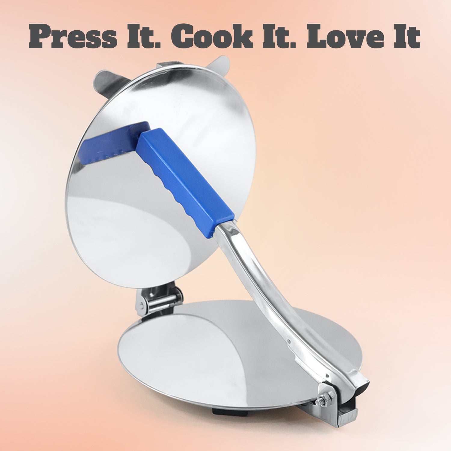 Wukusy stainless steel Puri Press Maker with handle, manual roti and chapati presser for home use, medium size.