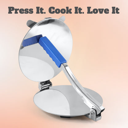 Wukusy stainless steel Puri Press Maker with handle, manual roti and chapati presser for home use, medium size.