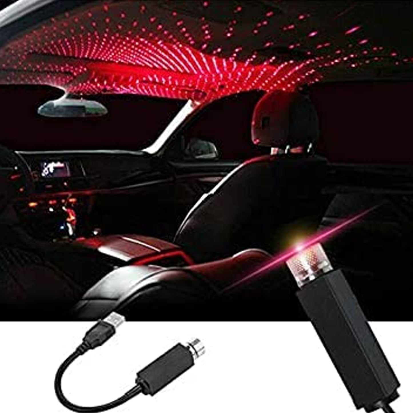 Wukusy USB star projector night light displaying adjustable romantic star patterns on a bedroom ceiling and car interior.