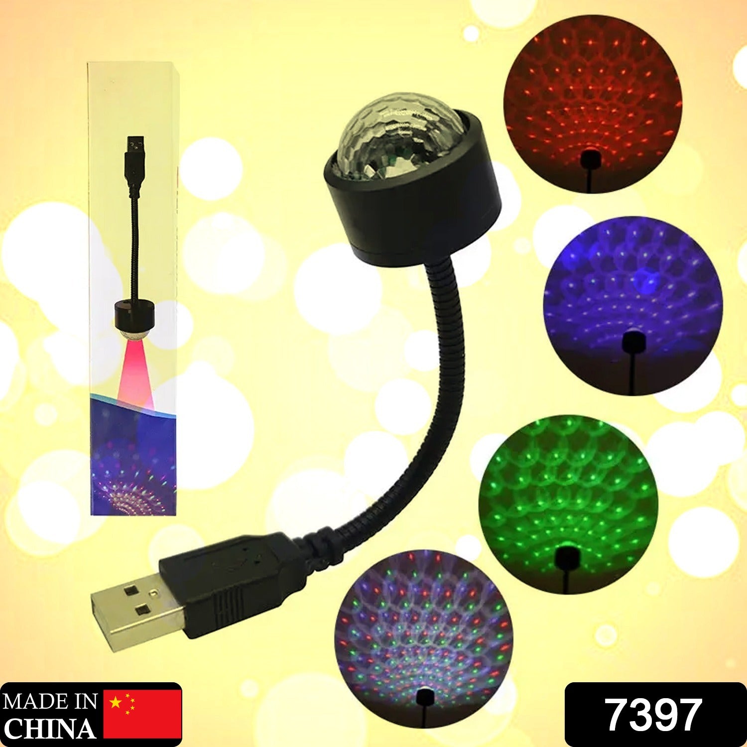 Wukusy USB star night light projector and mini disco ball light for car interior, ceiling, bedroom, with adjustable strobe and atmosphere effects.