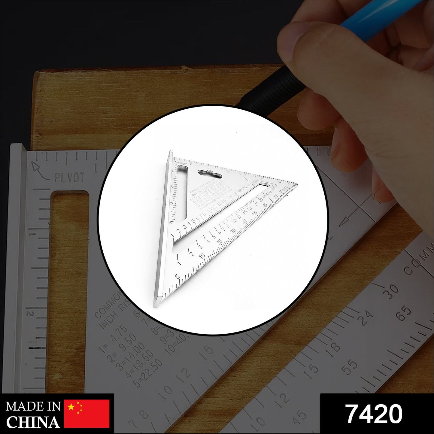 Wukusy 7420 lightweight double-side scale triangle measurement hand tool with precise angle markings, used for technical drawing and drafting.