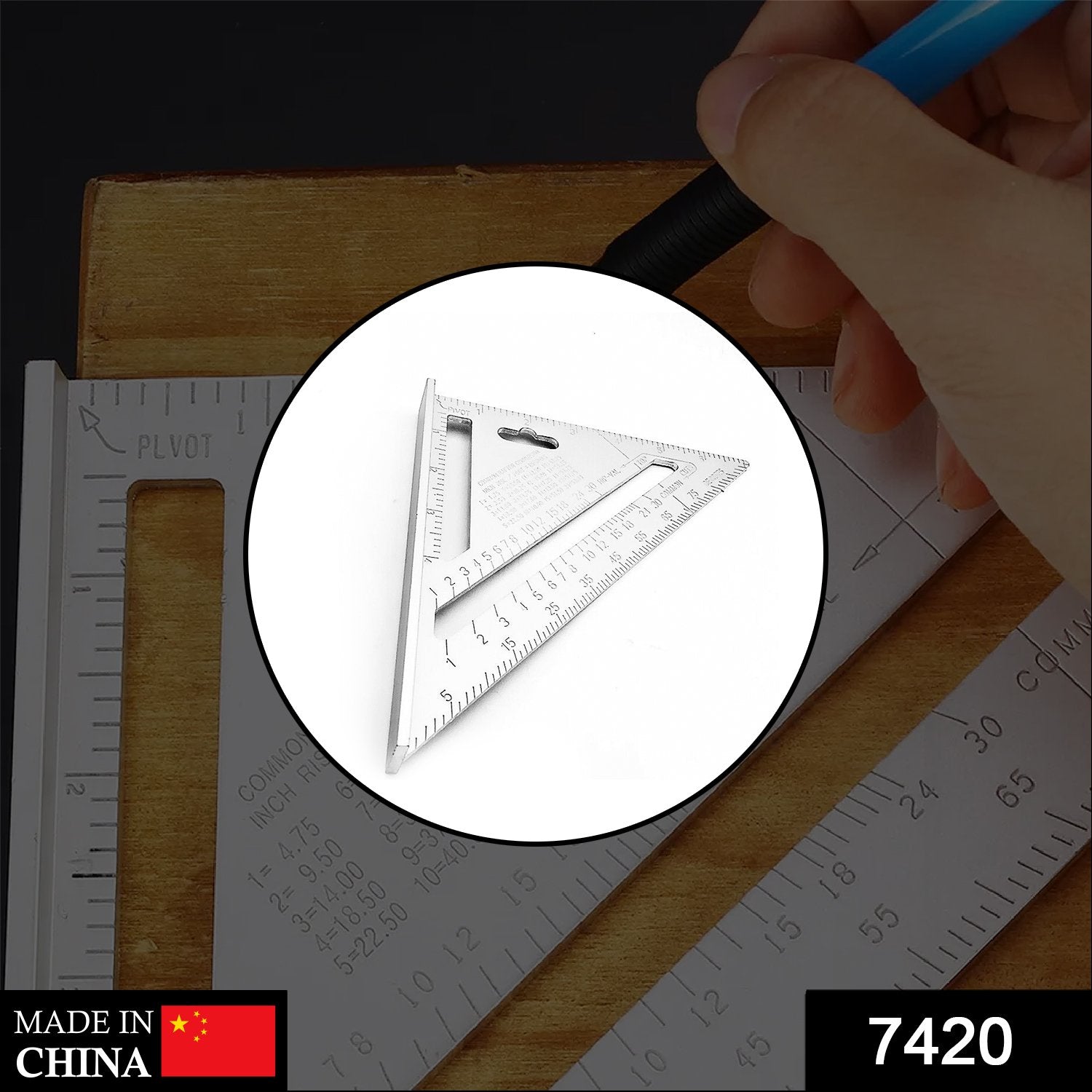 Wukusy 7420 lightweight double-side scale triangle measurement hand tool with precise angle markings, used for technical drawing and drafting.