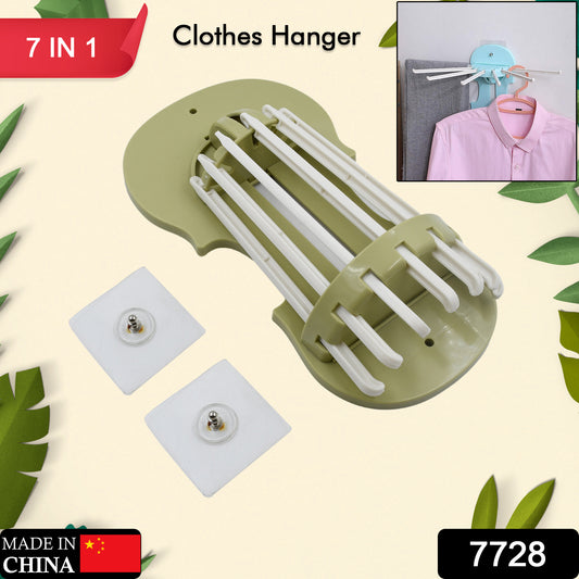 Wukusy 7728 plastic 7-in-1 wall-mounted retractable hanger rack with hooks, ideal for kitchen and bathroom storage.