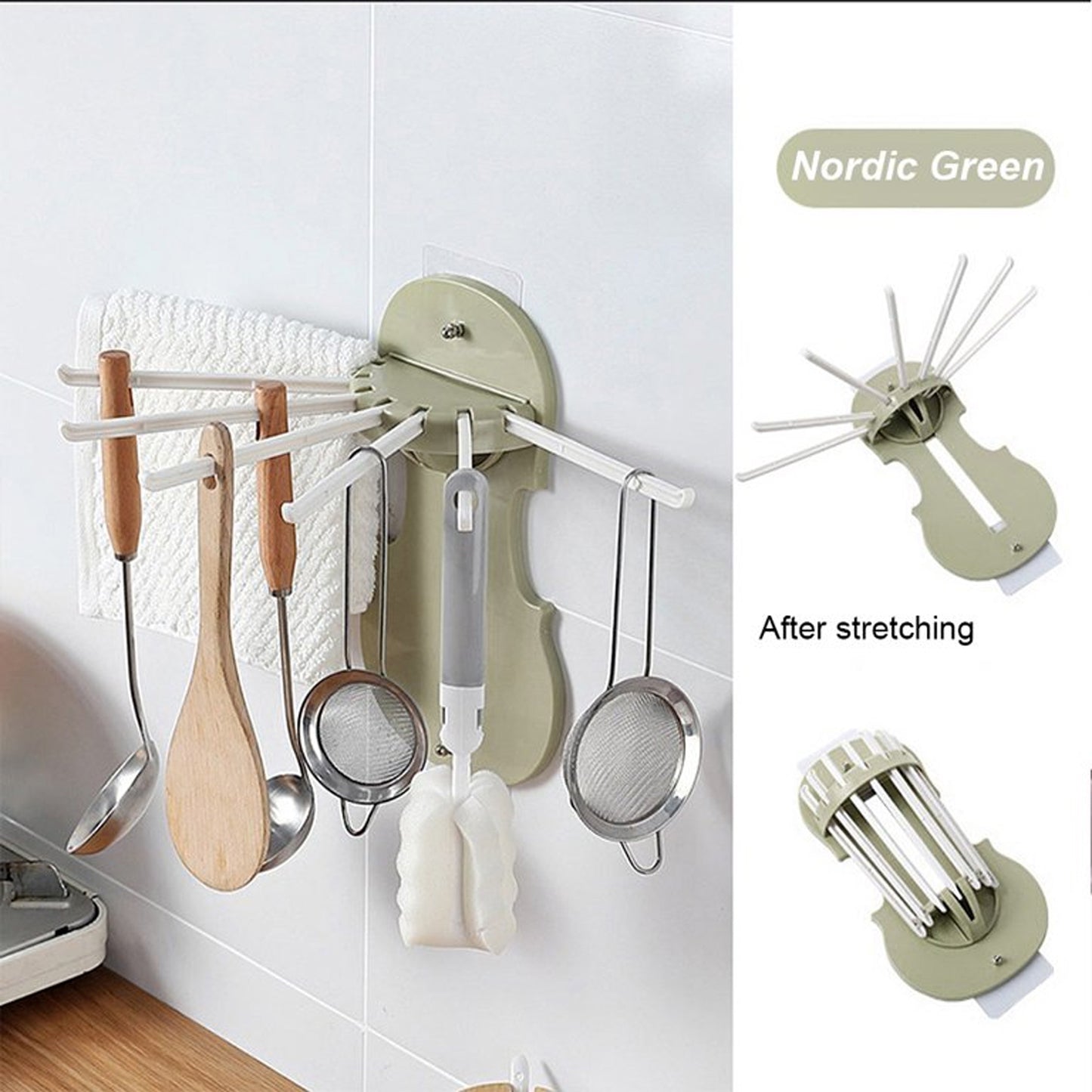 Wukusy 7728 plastic 7-in-1 retractable wall-mounted hanger rack with hooks, ideal for kitchen and bathroom organization