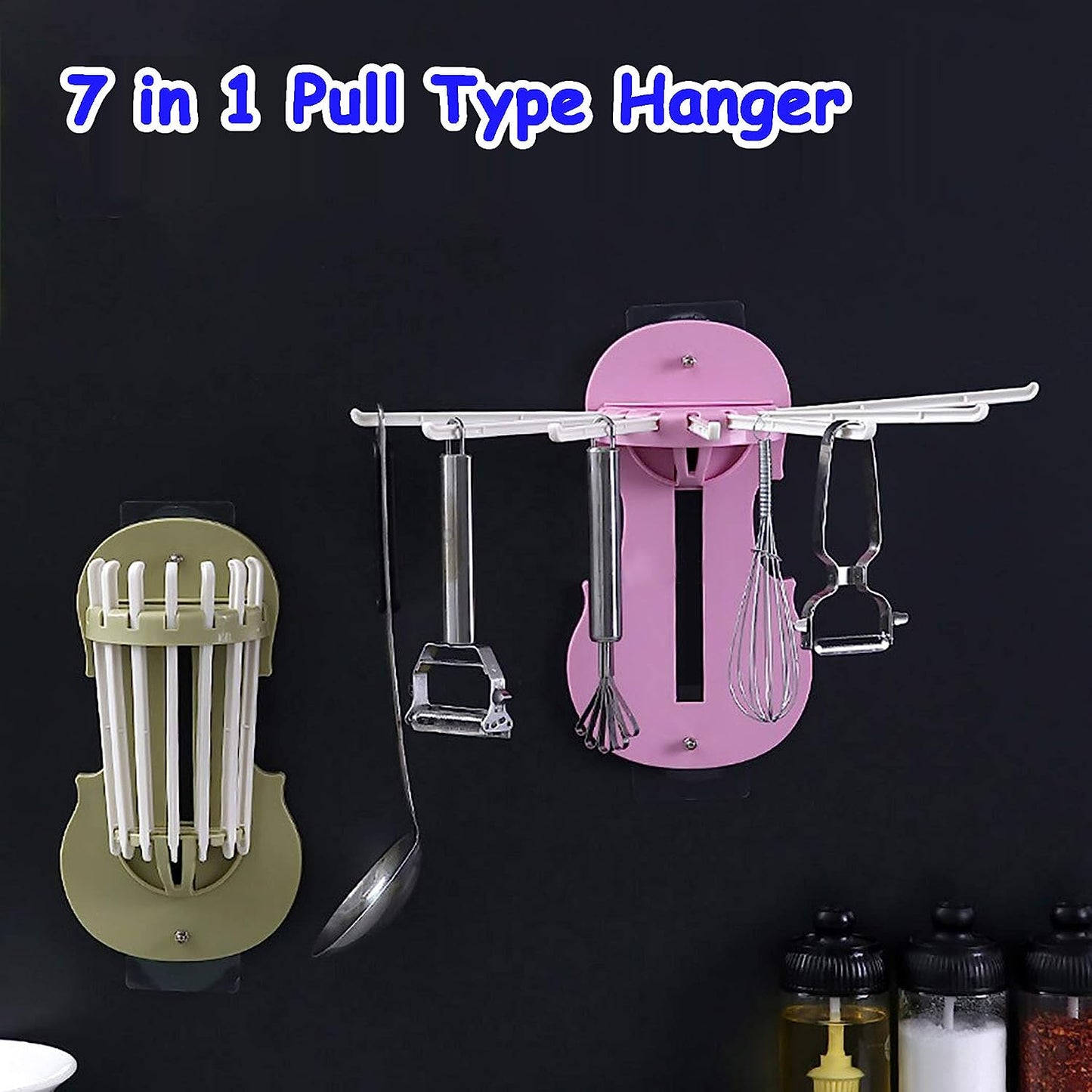 Wukusy 7728 plastic 7-in-1 wall-mounted retractable hanger rack with hooks, ideal for kitchen and bathroom organization.