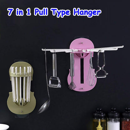 Wukusy 7728 plastic 7-in-1 wall-mounted retractable hanger rack with hooks, ideal for kitchen and bathroom organization.