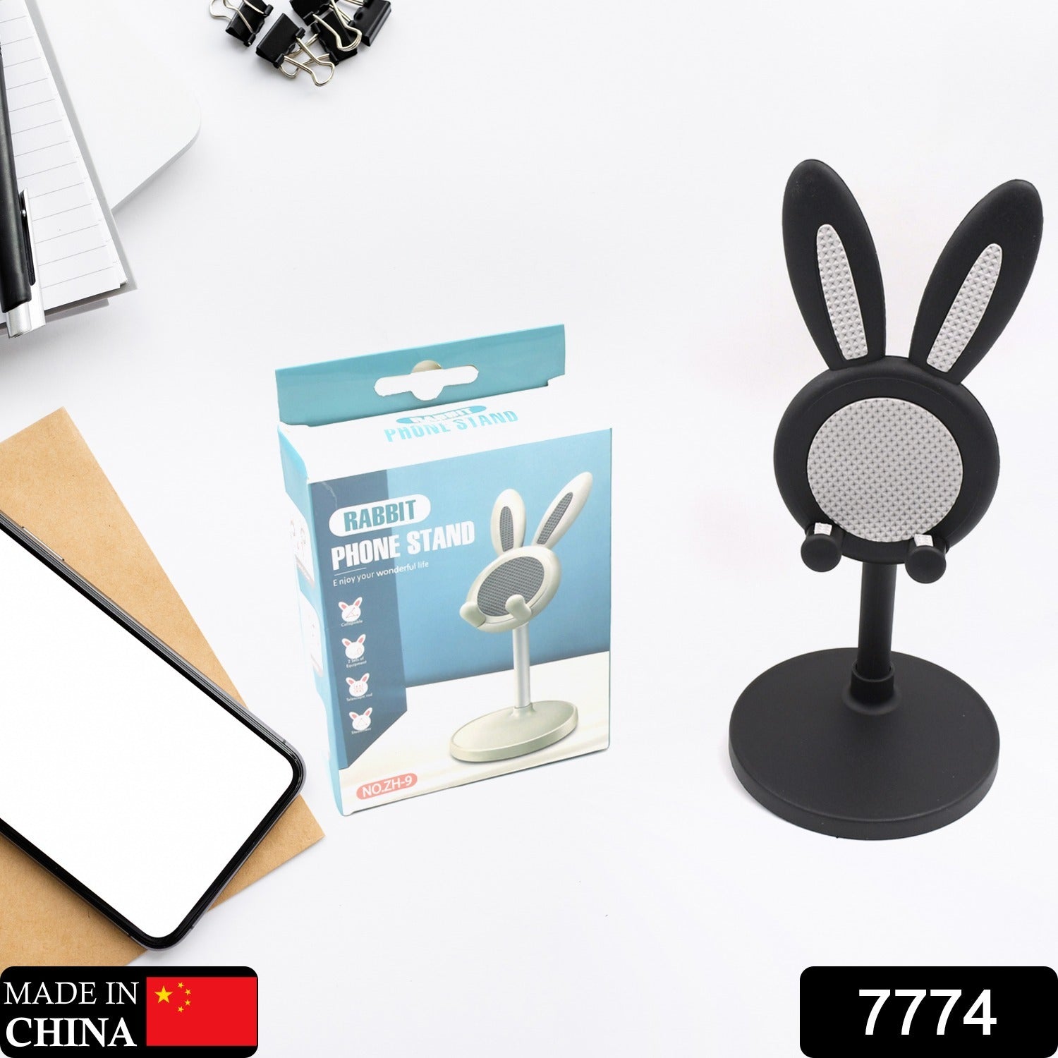 Wukusy cute bunny phone stand with adjustable angle and height, ideal for desk use, featuring a kawaii Easter bunny design.