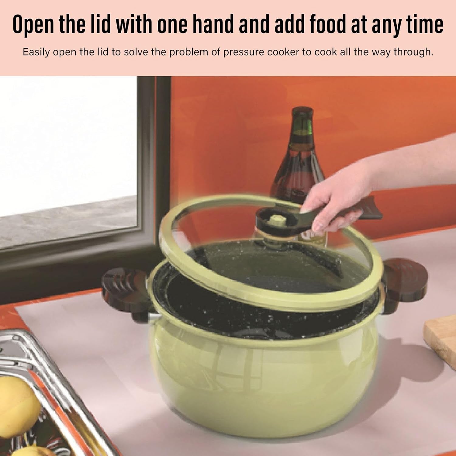 Wukusy 7938 pressure cooker valve handle, plastic kitchen tool for valve control, shown with the handle attached to the cooker.