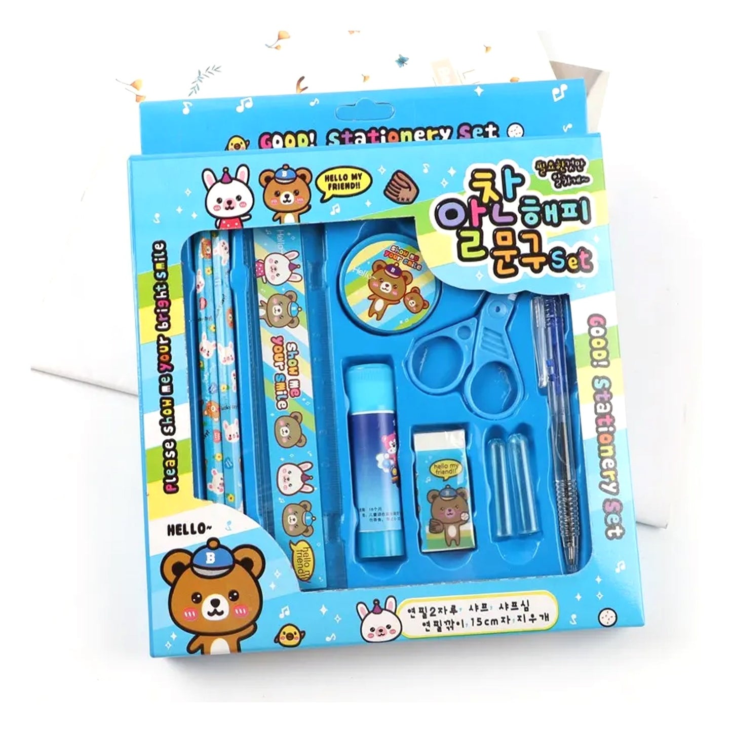 Wukusy 10-piece stationery set with pencils, ruler, sharpener, glue, ballpoint pen, scissors, and pencil cover for school or office use