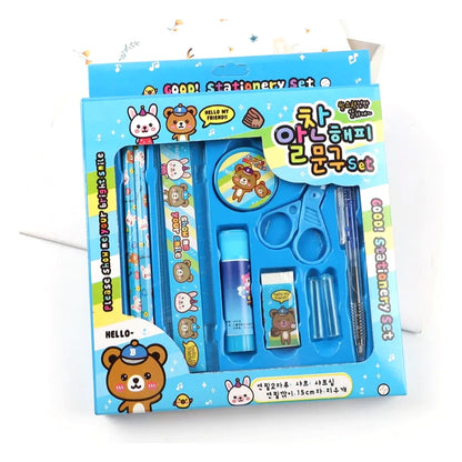 Wukusy 10-piece stationery set with pencils, ruler, sharpener, glue, ballpoint pen, scissors, and pencil cover for school or office use
