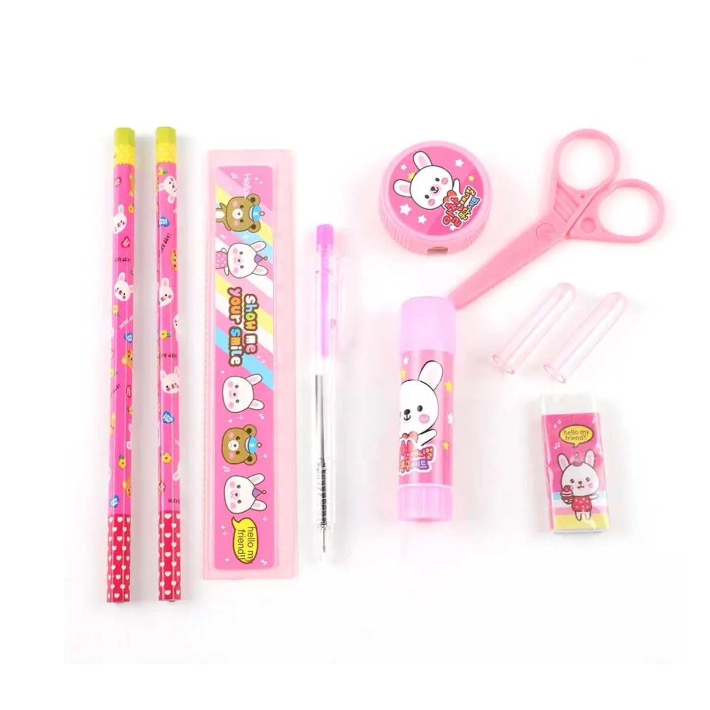 Wukusy 10-piece stationery set with pencil, ruler, rubber, sharpener, glue, ballpoint pen, scissors, pencil cover for school or office