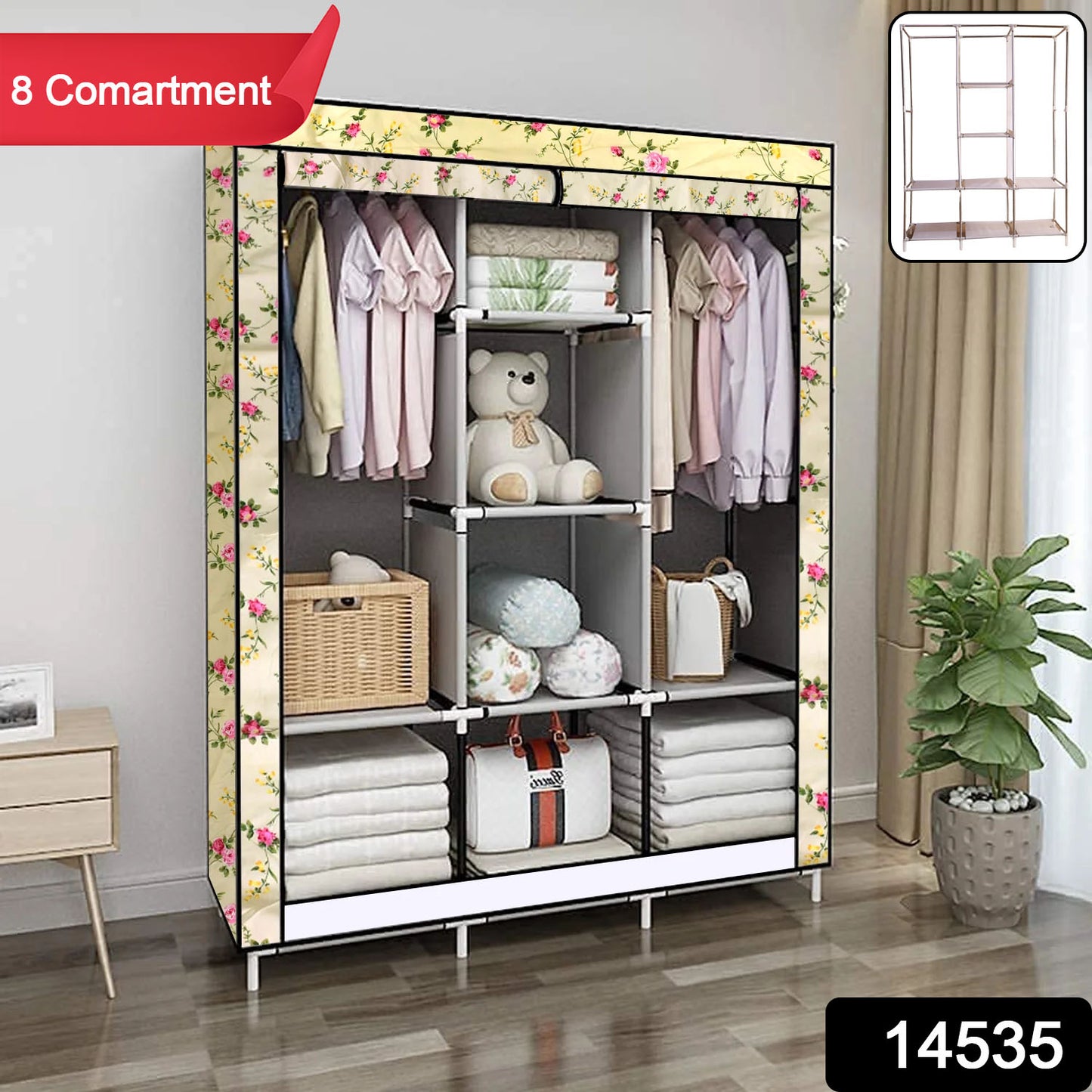 Wukusy 8-compartment portable fabric wardrobe closet with collapsible design and sturdy rack structure for organized storage