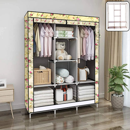 Wukusy 8-compartment portable fabric wardrobe closet with collapsible design and hanging space for clothes and accessories.