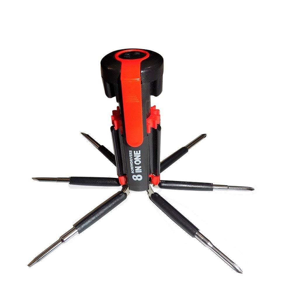 Wukusy 8-in-1 multi-function screwdriver kit with LED portable torch, showing various screwdriver tips and compact design.