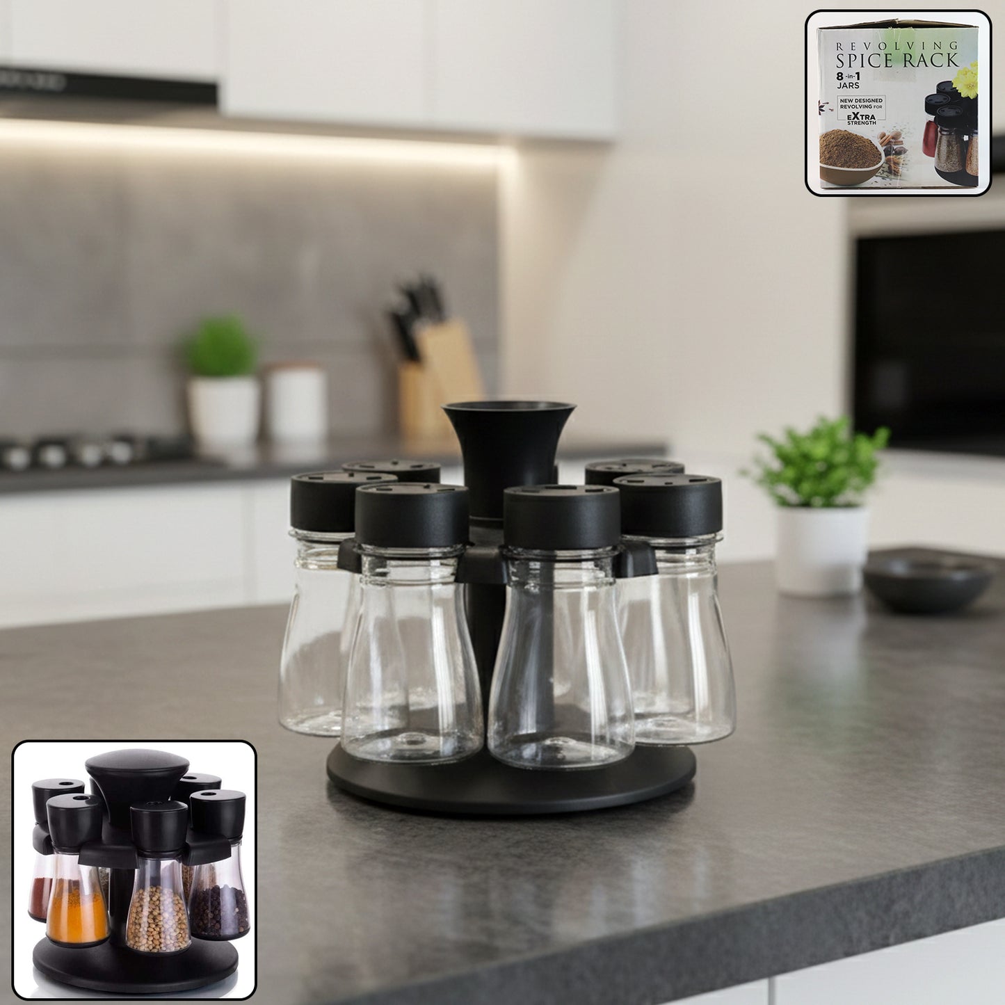 Wukusy 8-in-1 revolving plastic spice rack set with rotating stand holding various spice jars for kitchen organization