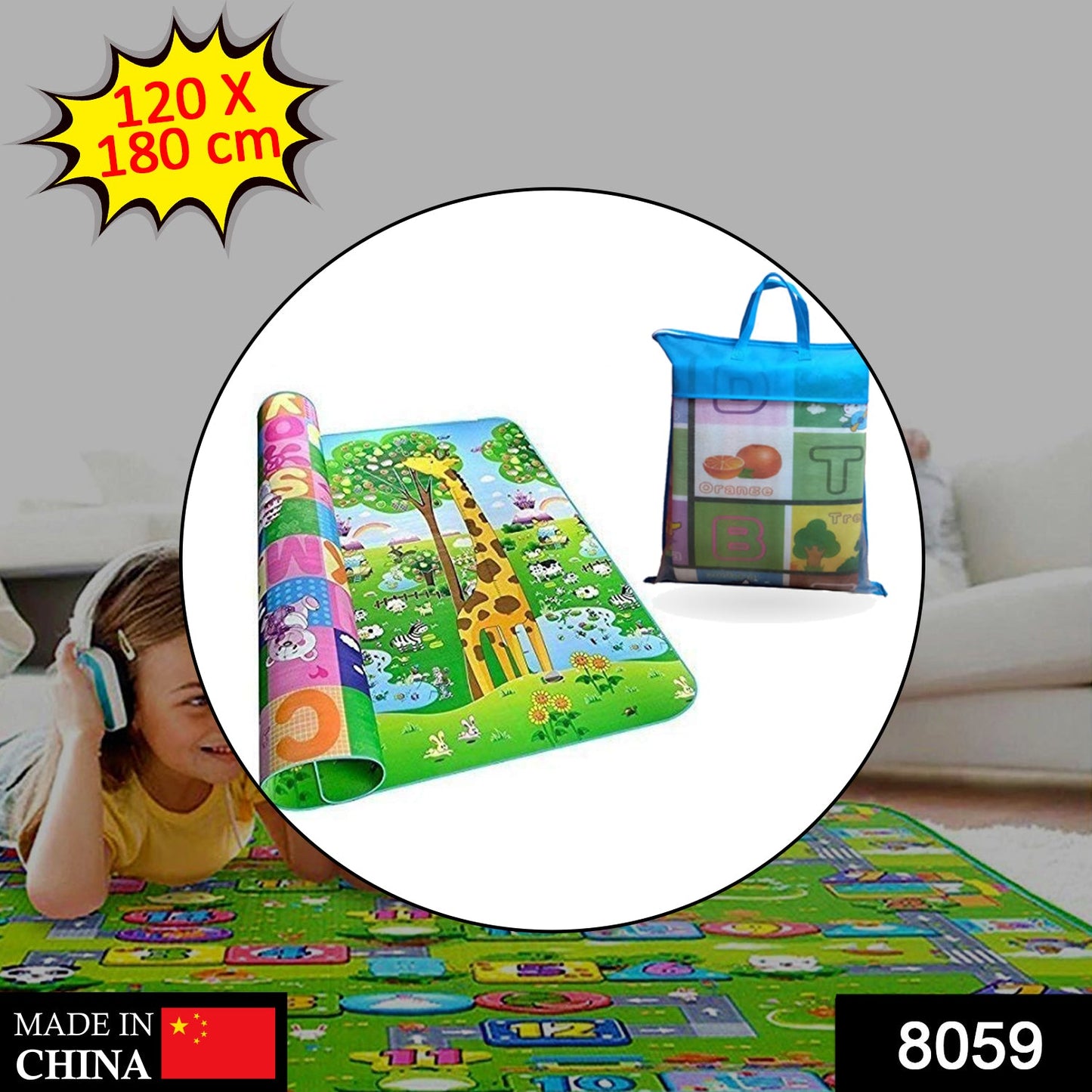 Wukusy waterproof double-sided baby play floor mat for kids, 120x180cm, with carrying bag, ideal for home play areas.