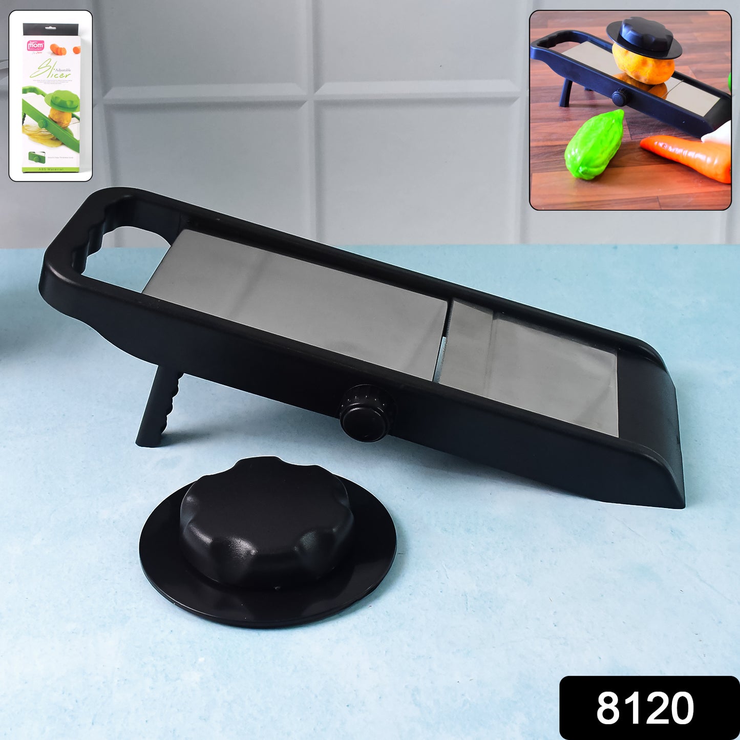 Wukusy 8120 Ganesh adjustable plastic slicer in black and silver, 1-piece kitchen tool for slicing vegetables and fruits.