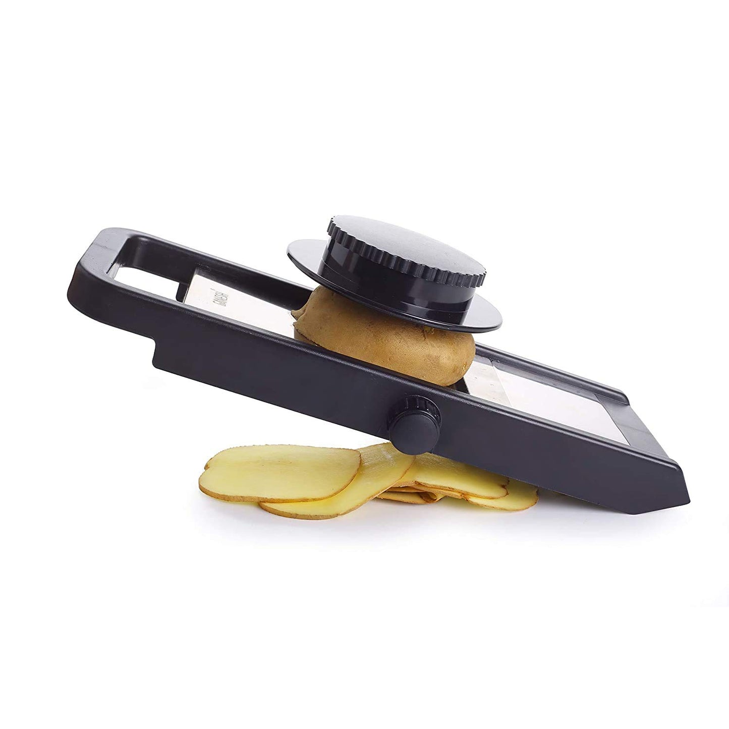 Wukusy Ganesh adjustable plastic slicer in black and silver, 1-piece kitchen tool for slicing fruits and vegetables.