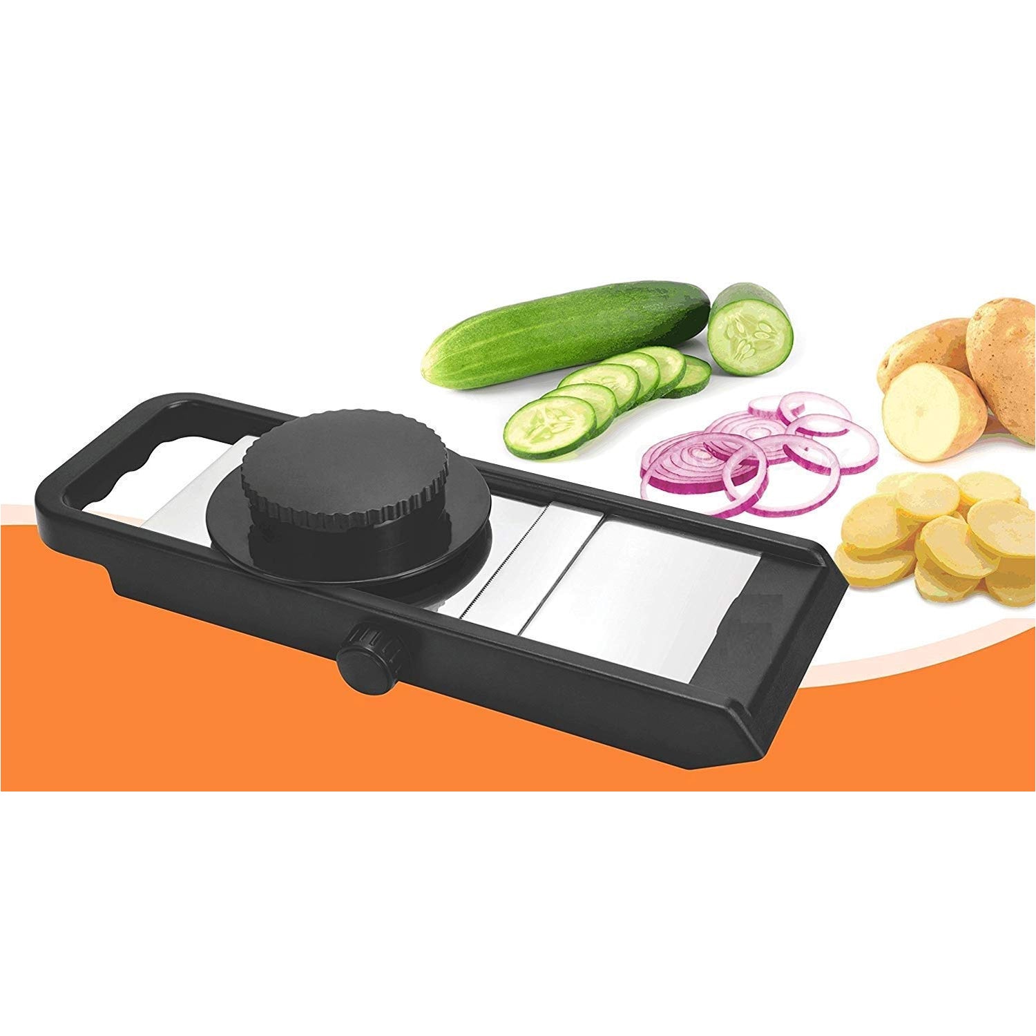 Wukusy 8120 Ganesh adjustable plastic slicer in black and silver, a versatile kitchen tool for slicing vegetables and fruits.