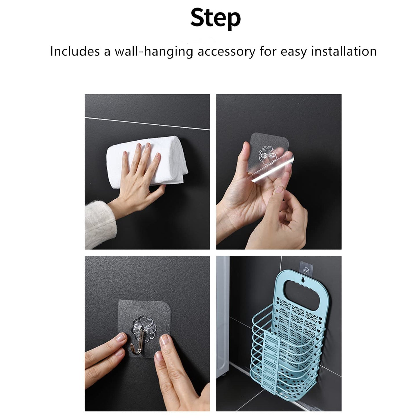 Wukusy wall hanging laundry basket with hooks for clothes, hamper, and storage, suitable for bathroom, laundry room, or kids' room.