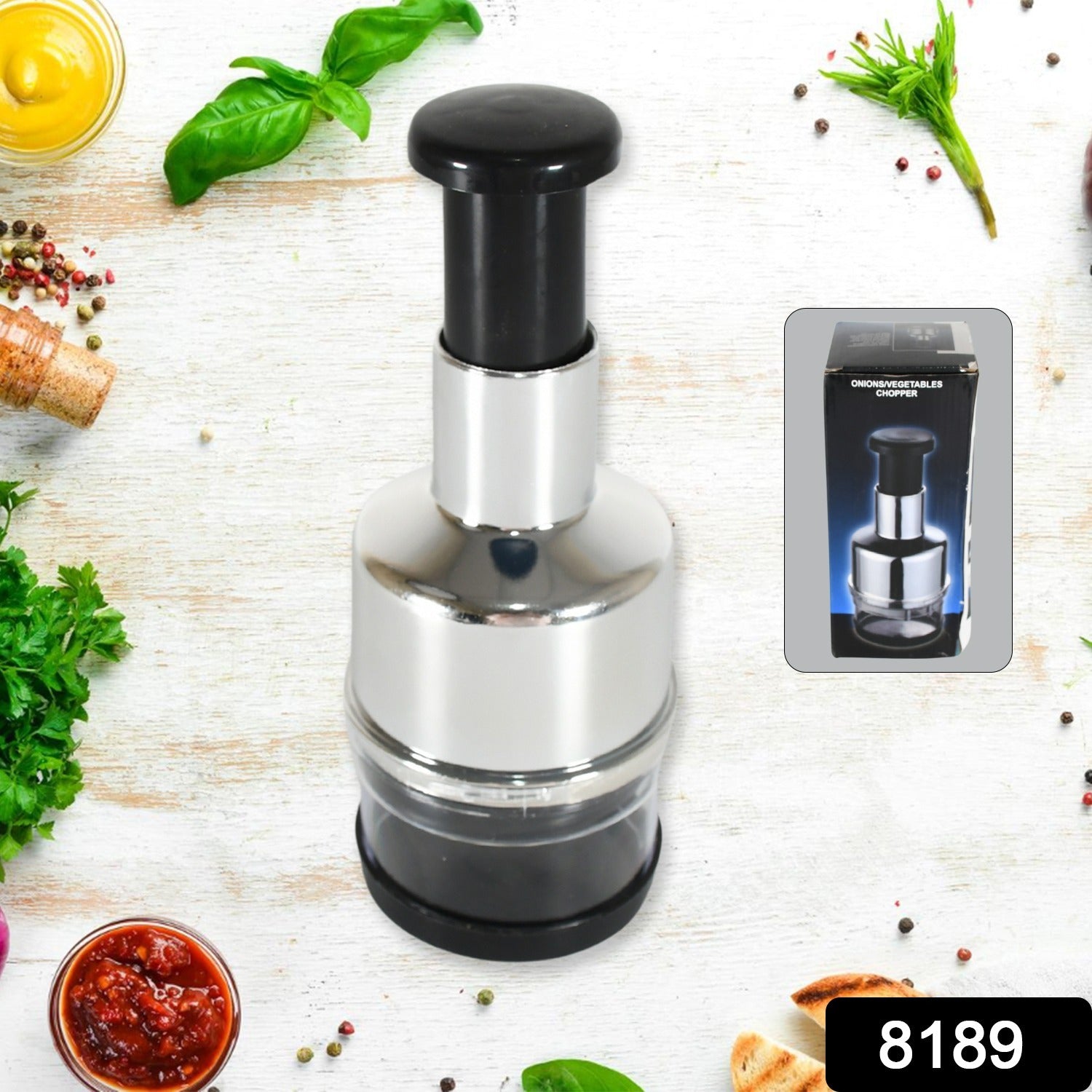 Wukusy Food Cutter with stainless steel blades for chopping vegetables, onions, garlic, nuts, and salads in a home kitchen setting.