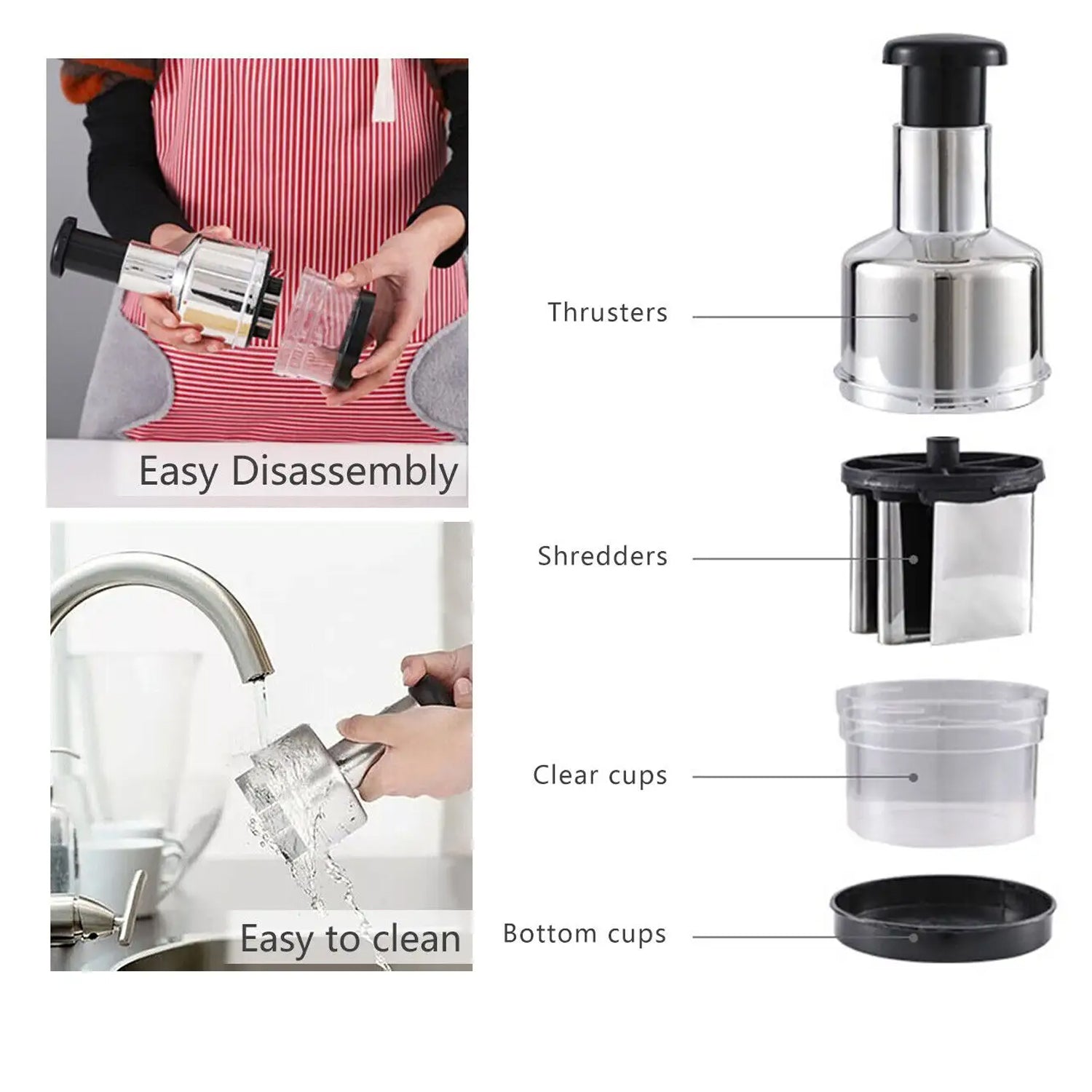 Wukusy 8189 multifunctional food cutter with stainless steel blades, slicing vegetables, onions, garlic, and nuts in a home kitchen setting.
