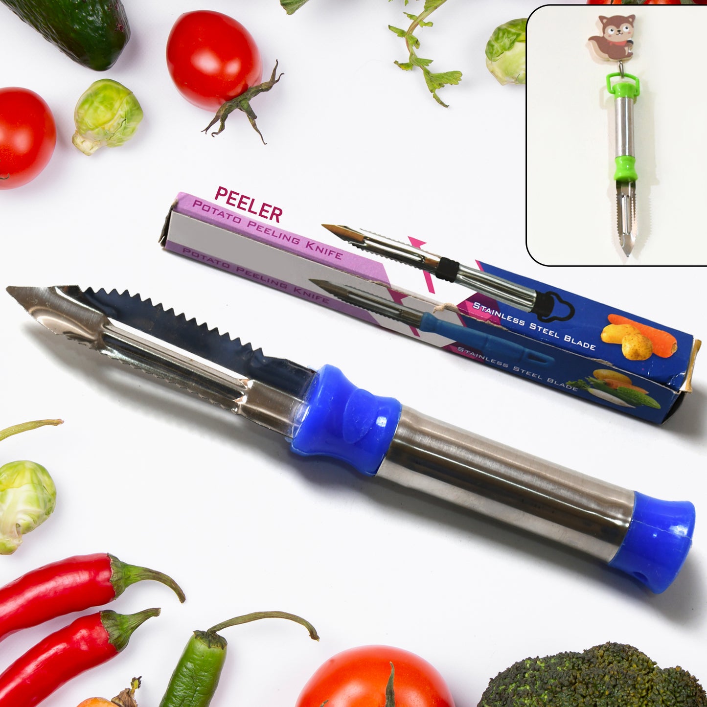 Wukusy 2-in-1 stainless steel vegetable peeler with hanging ring, suitable for peeling and shredding carrots, potatoes, and fruits.