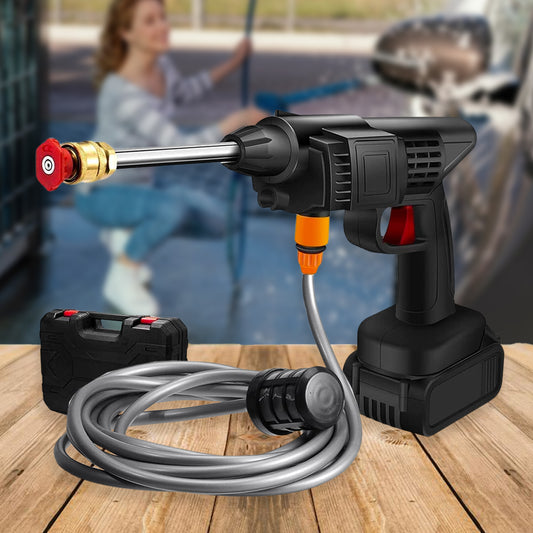 Wukusy 8550 48V cordless portable pressure washer kit with handheld gun, ideal for car cleaning, single battery power.