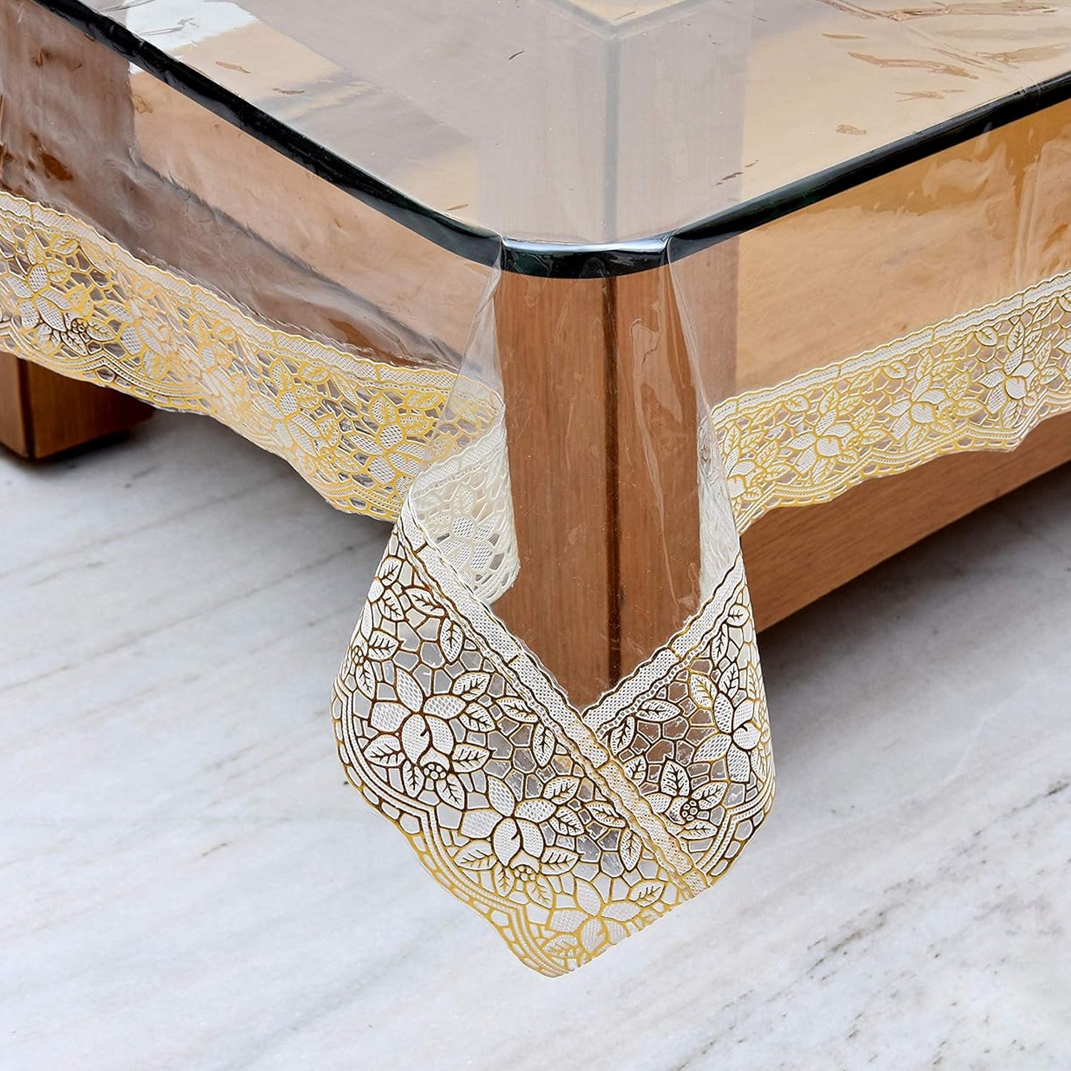Transparent PVC table cover by Wukusy, 87x59 inches, showcasing a clear protective covering on a table surface.