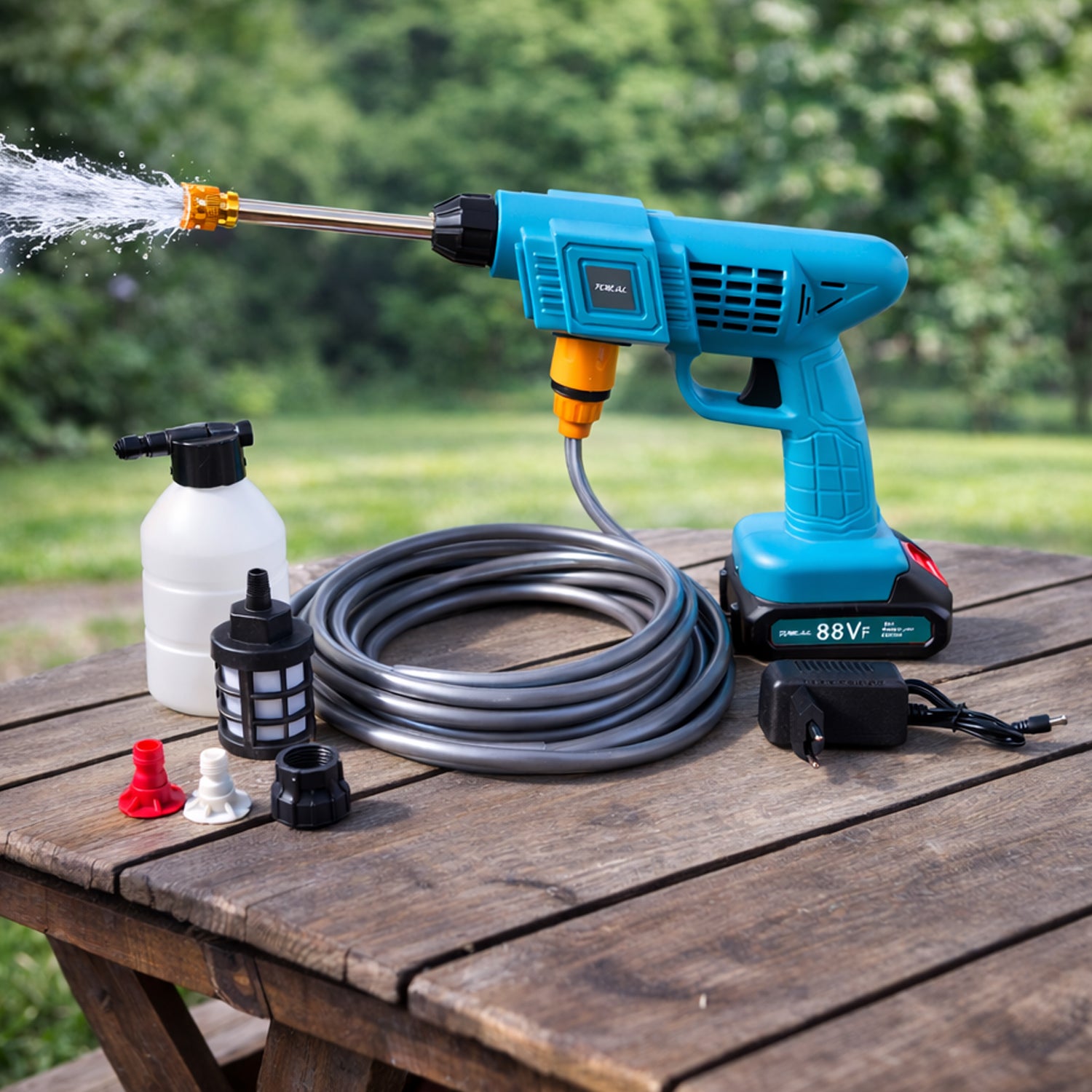 Wukusy 88vf wireless high-pressure car washer gun with water spray nozzle, ideal for cleaning vehicles and outdoor surfaces.