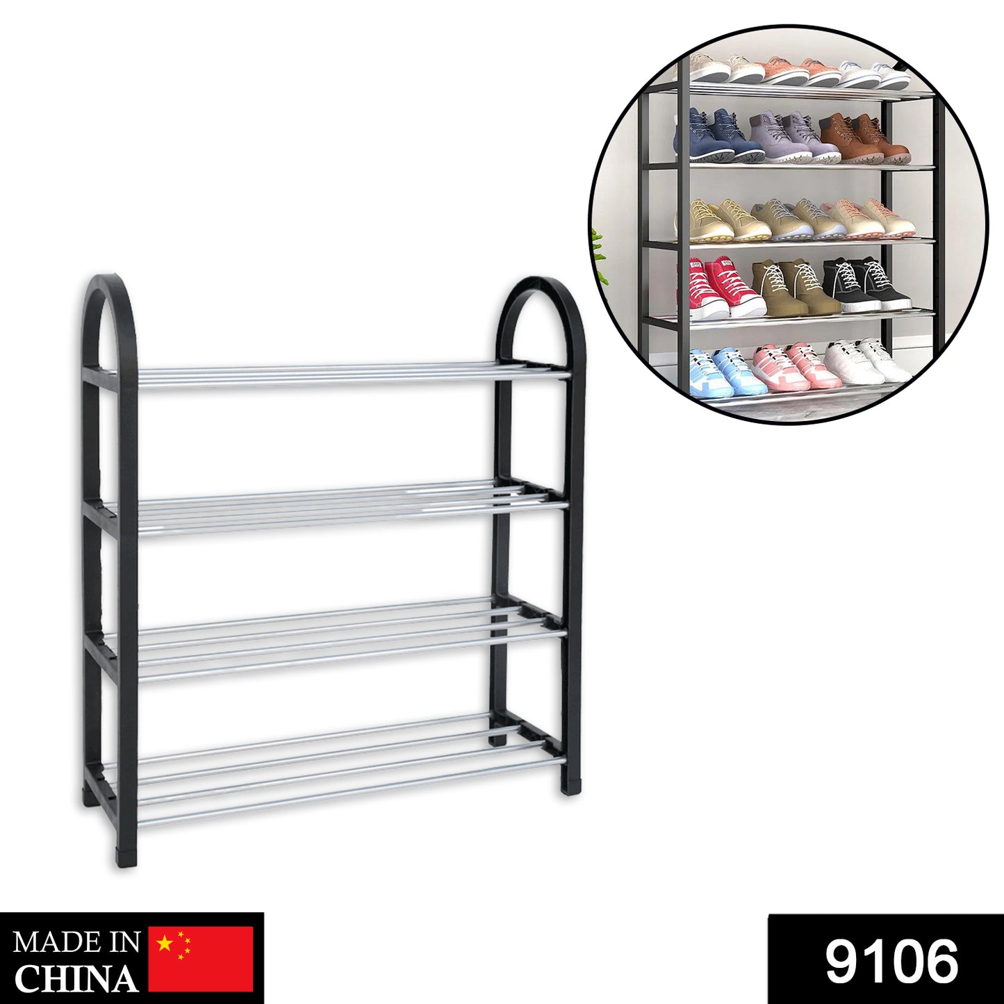 Wukusy 9106 4-shelves shoe rack with wooden shelves and metal frame for organized shoe storage in entryway or closet.