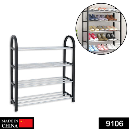 Wukusy 9106 4-shelves shoe rack with wooden shelves and metal frame for organized shoe storage in entryway or closet.