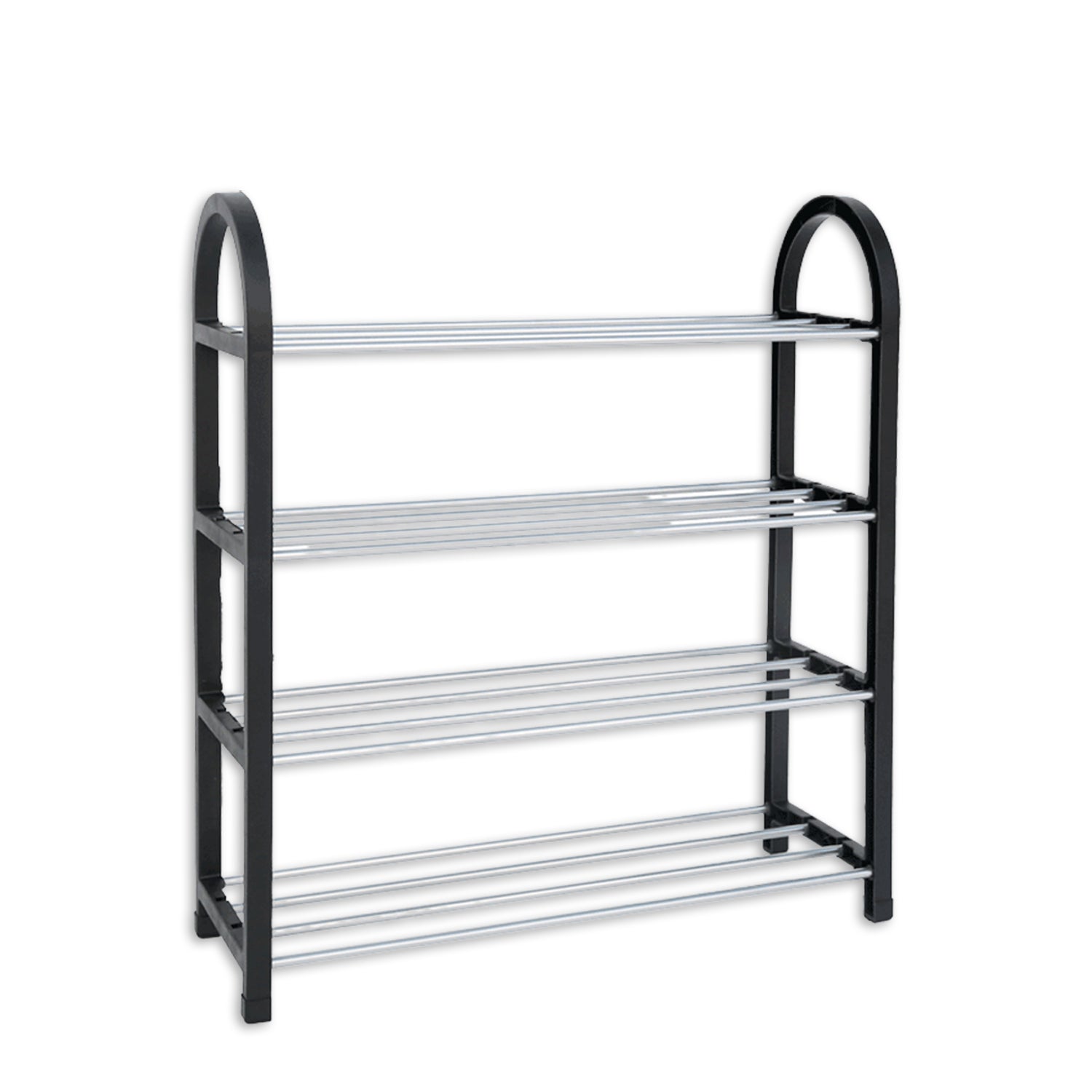 Wukusy 9106 4-shelves shoe rack with wooden shelves and metal frame for organized footwear storage.