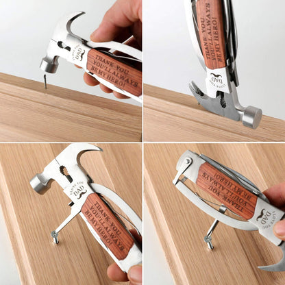 Wukusy all-in-one multi-tool with hammer, screwdriver, and bottle opener, ideal for outdoor camping and Father's Day gifts for men.