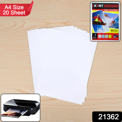 A4 size high glossy photo paper sheets by Wukusy, 20 sheets of smooth, shiny photo paper for vibrant print quality.