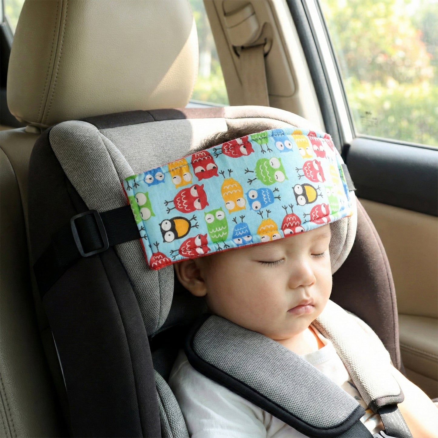 Adjustable Wukusy baby car seat head support strap secured to a car seat, providing comfort and safety for infants.