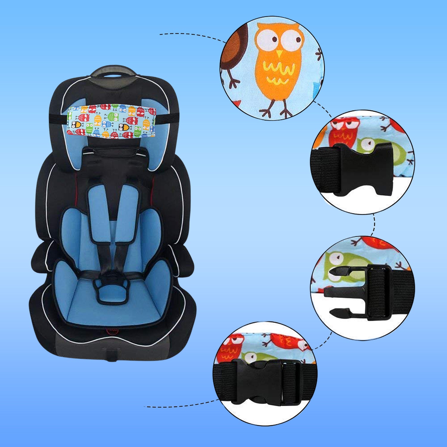 Adjustable Wukusy baby car seat head support strap in black, designed for comfort and safety during travel.