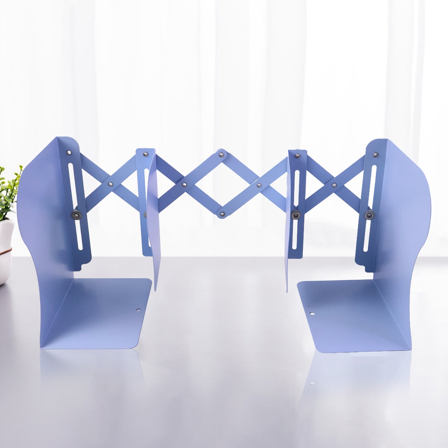Wukusy adjustable expandable book organizer stand showing multiple tiers for holding books and documents.
