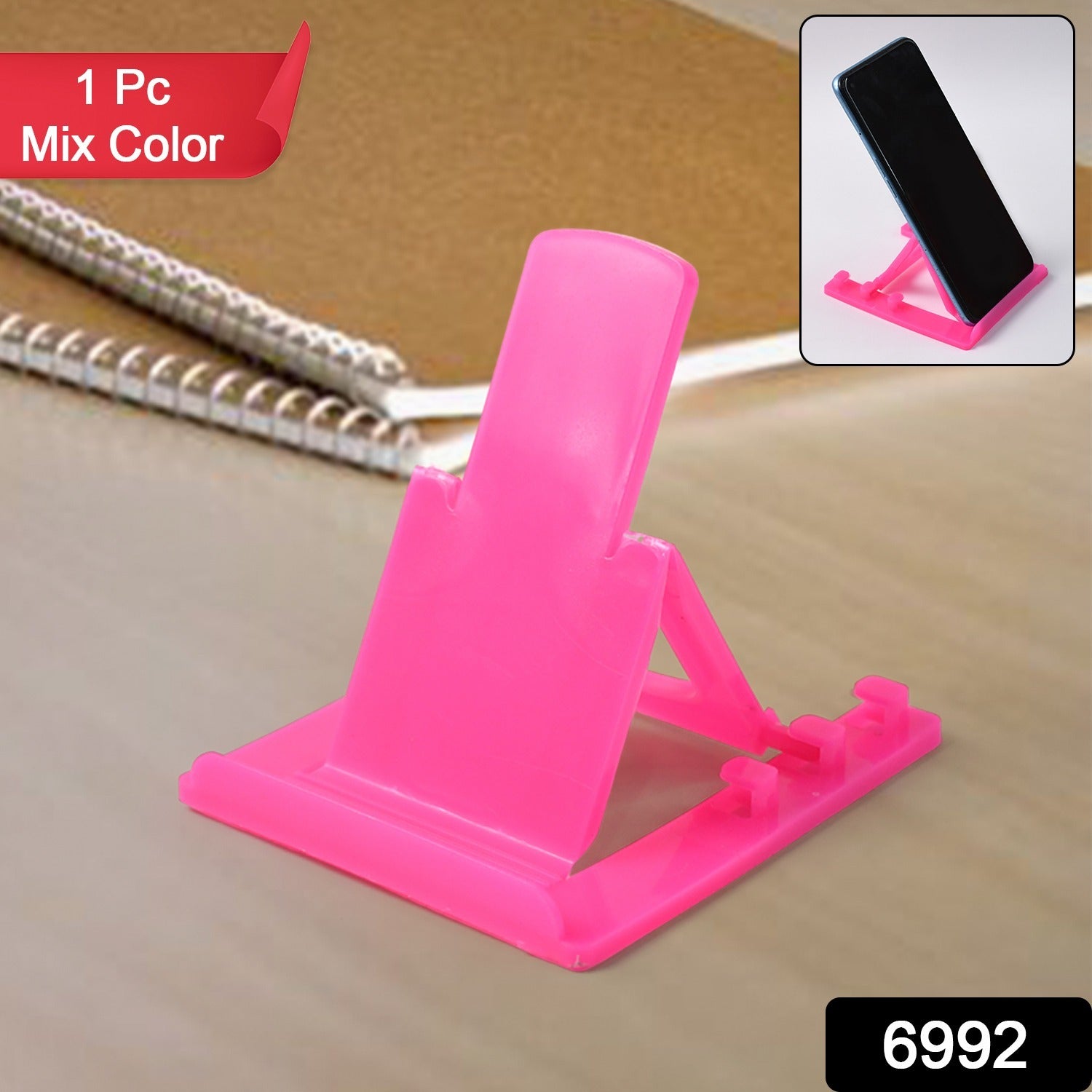 Wukusy adjustable foldable plastic mobile phone stand holder on a flat surface, showcasing its compact and portable design.