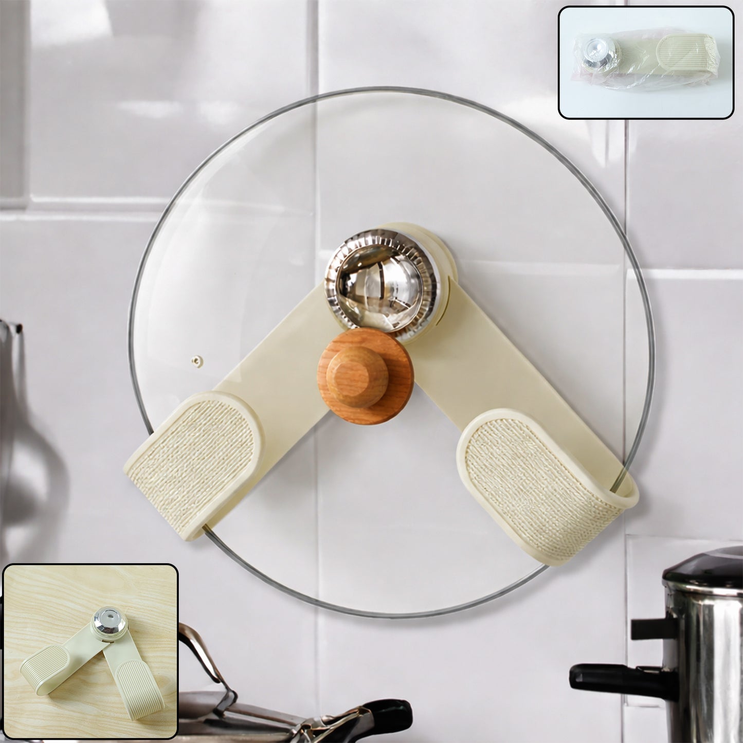 Wukusy adjustable kitchen pot lid holder clip holding a pot lid on a countertop. Durable, versatile kitchen accessory.