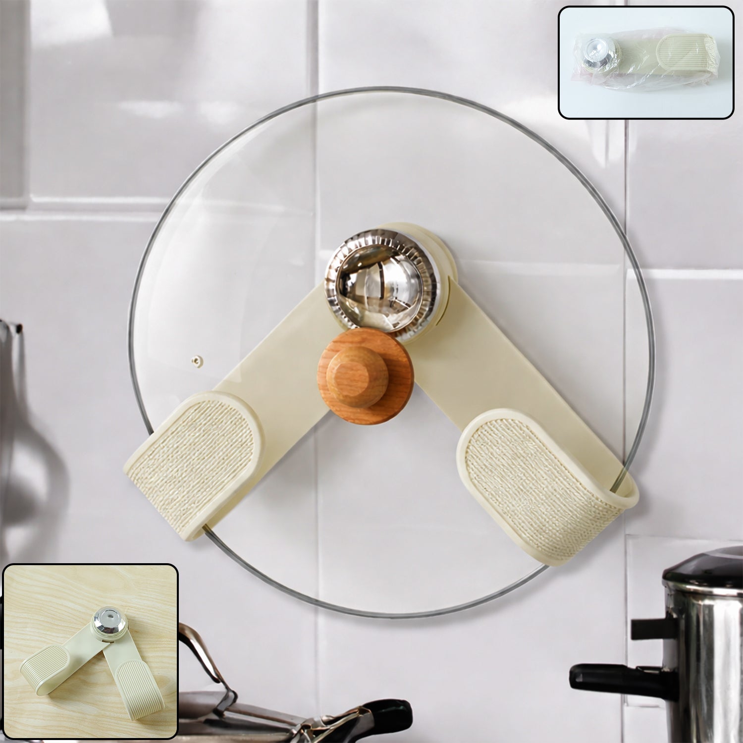 Wukusy adjustable kitchen pot lid holder clip holding a pot lid on a countertop. Durable, versatile kitchen accessory.
