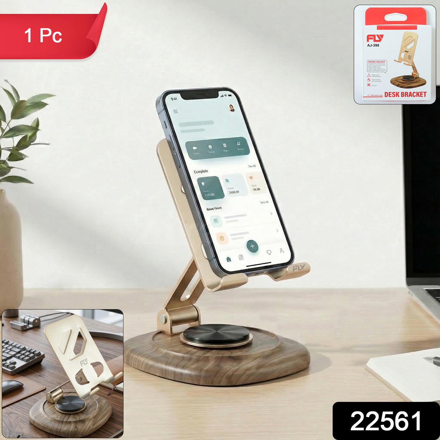 Wukusy adjustable metal desk phone stand with plastic base, holding a smartphone in a vertical position on a workspace.