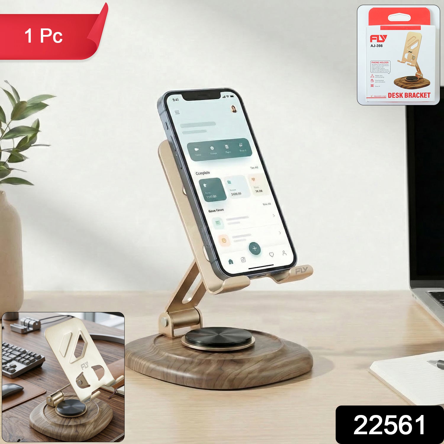 Wukusy adjustable metal desk phone stand with plastic base, holding a smartphone in a vertical position on a workspace.