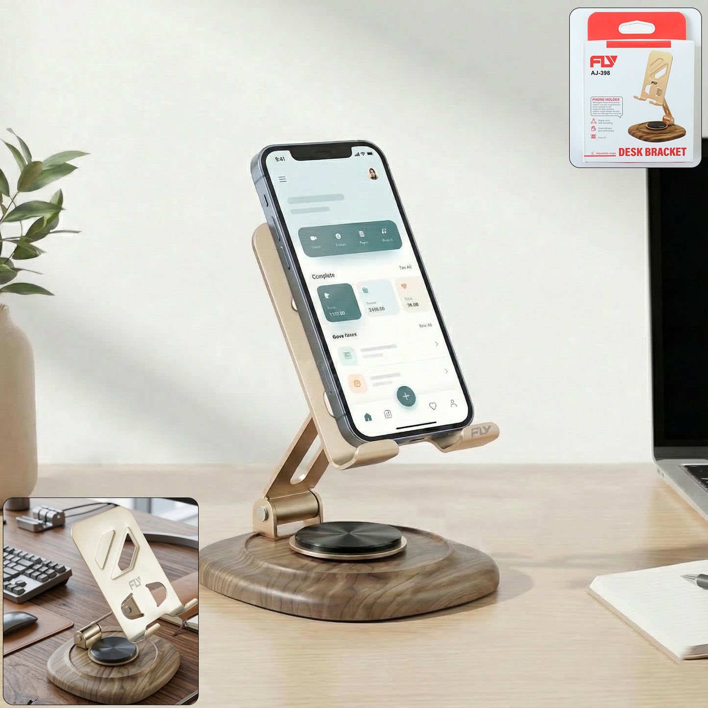 Wukusy adjustable metal desk phone stand with plastic base, holds smartphone securely on a modern workspace.