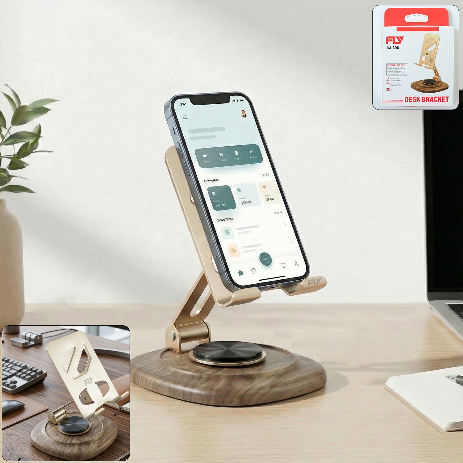 Wukusy adjustable metal desk phone stand with plastic base, holds smartphone securely on a modern workspace.