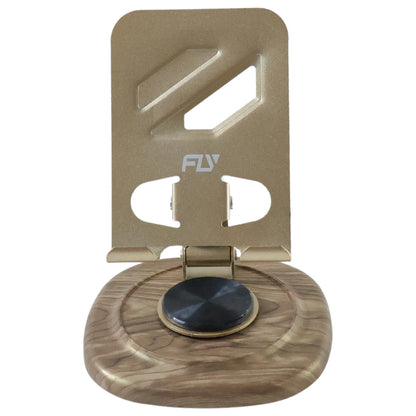 Wukusy adjustable metal desk phone stand with plastic base, holds smartphone securely on a modern workspace surface.