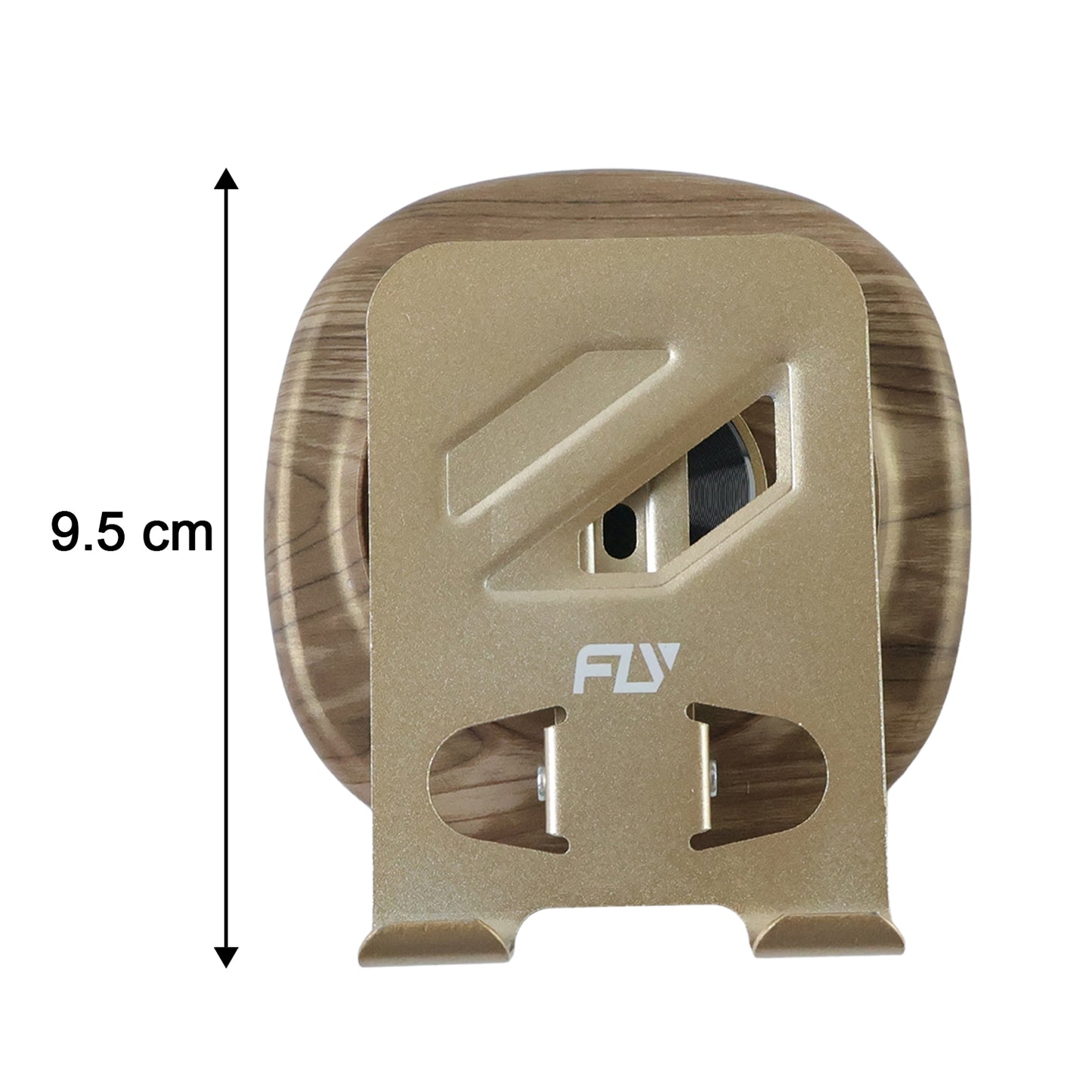 Wukusy adjustable metal desk phone stand with plastic base, holds smartphone securely on a workspace surface.