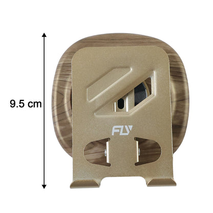 Wukusy adjustable metal desk phone stand with plastic base, holds smartphone securely on a workspace surface.