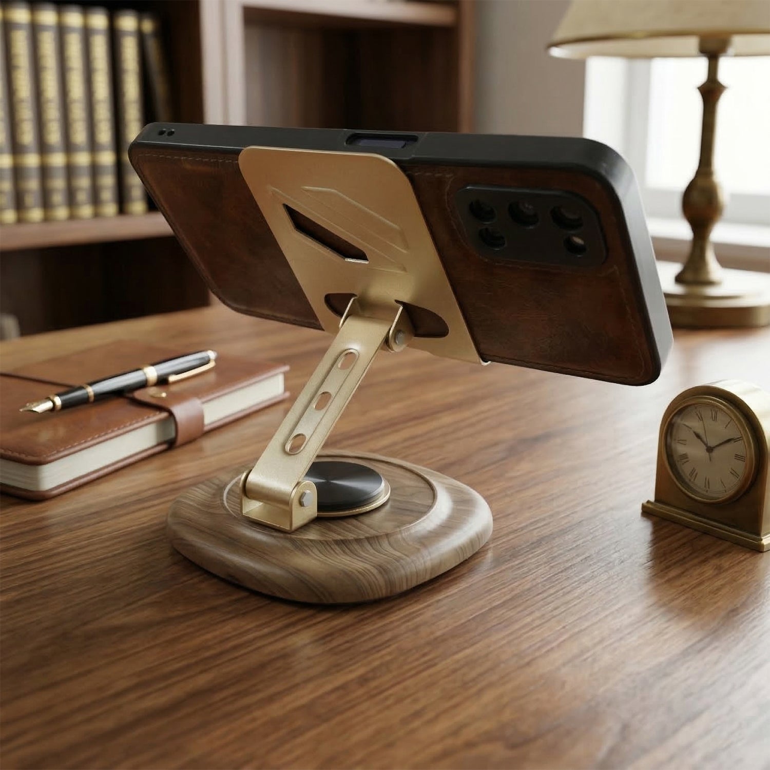 Wukusy adjustable metal desk phone stand with plastic base, holds smartphone securely on a modern workspace surface.